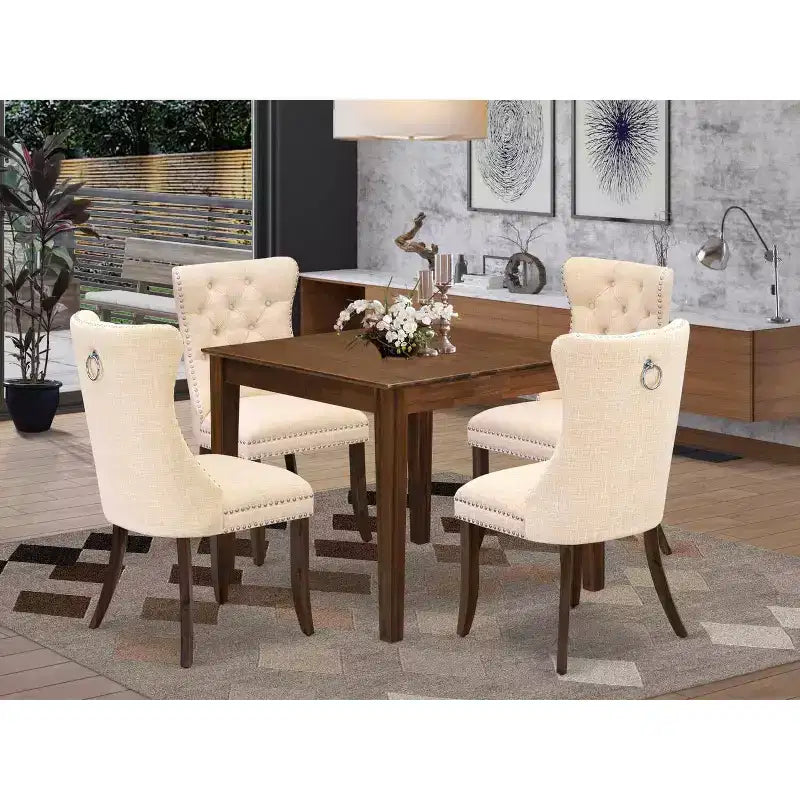 Set da pranzo 5 pezzi in legno massello con finitura noce antico - Top quadrato rivestito - 4 posti