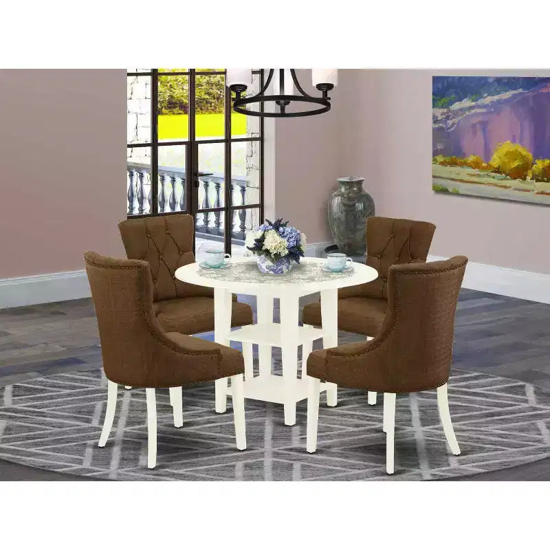 HomeStock Set da Pranzo Rotondo da 5 Pezzi con Piano in Legno Massello Finitura Lino Bianco - con Prolunghe a Ribalta - 4 Posti a Sedere