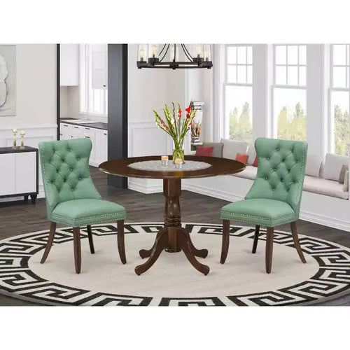 3-Piece Antique Walnut Finish Solid Wood Top-Round Upholstered Dining Room Set -Seats 4