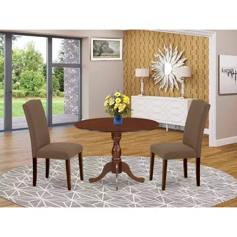 Set Sala da Pranzo Imbottito da 3 Pezzi in Legno Massello con Finitura Mogano (4 Posti)