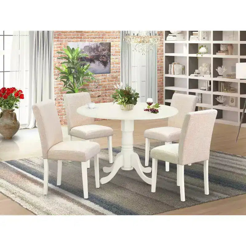 Set Tavolo Rotondo da Cucina con 4 Sedie - Tavolo da Pranzo da 42" e Sedie Parson - Bianco Lino e Beige