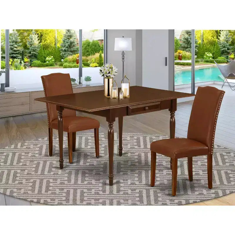 Set da pranzo HomeStock in 3 pezzi con piano in legno massello con finitura in mogano e tavolo con anta a ribalta