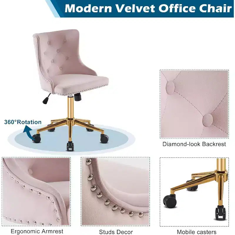 VINGLI Sedia da scrivania senza braccioli in velluto per ufficio, graziosa sedia imbottita per toilette/trucco con schienale per camera da letto e per donne/ragazze