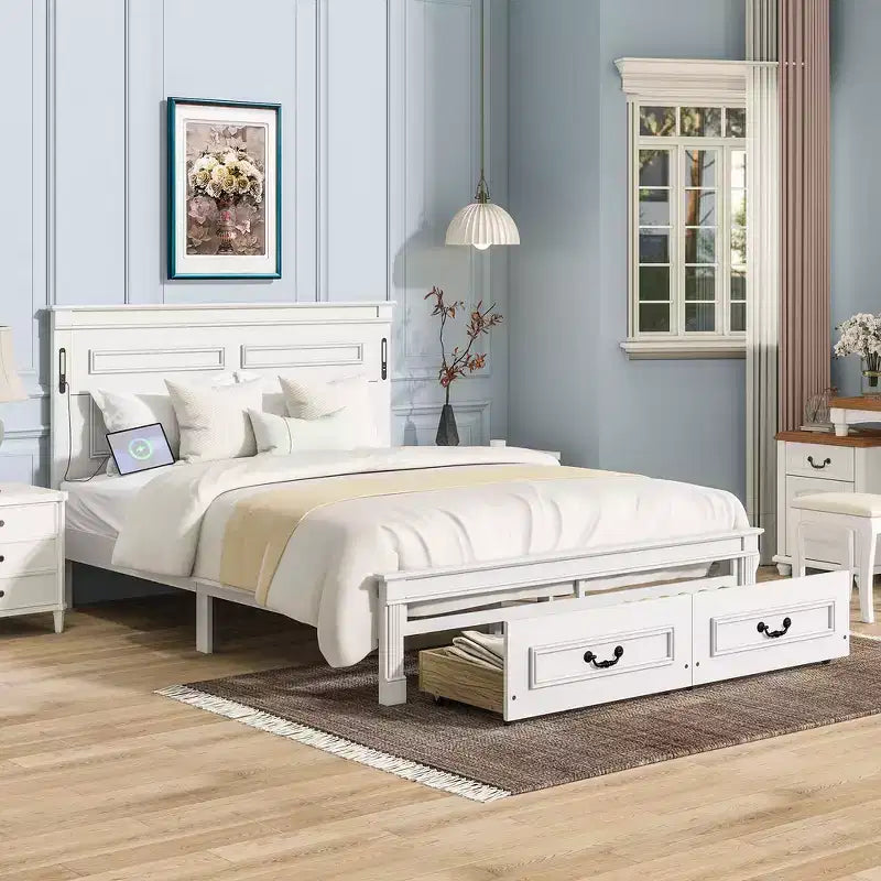 Whisen Queen Wood Bed & Bed Frame with Tall-Panel Headboard & Footboard, 2 Storage Drawers