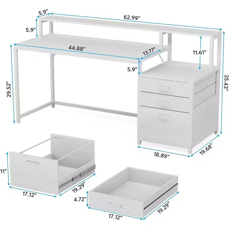 Scrivania per computer Lantine da 160 cm, bianca: Scrivania ergonomica da ufficio con cassetto portadocumenti, supporto monitor, spazio per stampante, postazione di lavoro in legno ideale per l'home office.