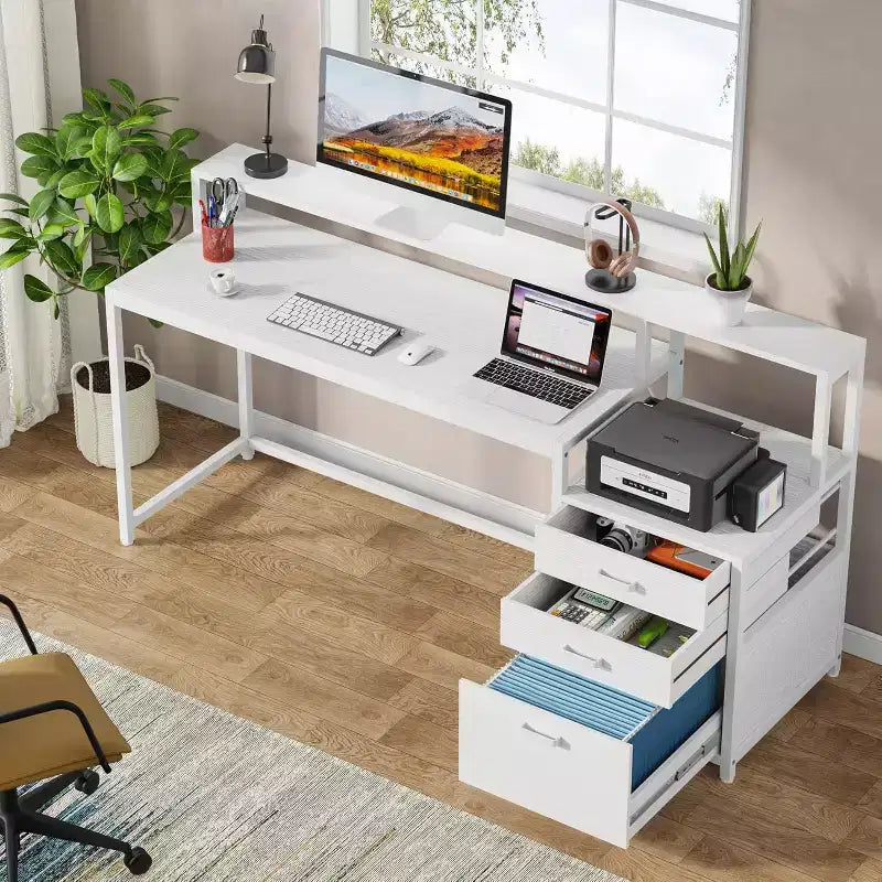 Scrivania per computer Lantine da 160 cm, bianca: Scrivania ergonomica da ufficio con cassetto portadocumenti, supporto monitor, spazio per stampante, postazione di lavoro in legno ideale per l'home office.