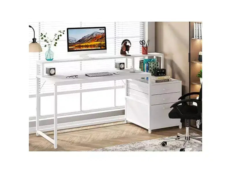 Scrivania per computer Lantine da 160 cm, bianca: Scrivania ergonomica da ufficio con cassetto portadocumenti, supporto monitor, spazio per stampante, postazione di lavoro in legno ideale per l'home office.