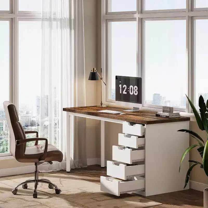 Scrivania per computer moderna Lantine da 47 pollici, scrivania per PC con 5 cassetti reversibili, tavolo da studio/scrittura per ufficio domestico/piccoli spazi, marrone e bianco