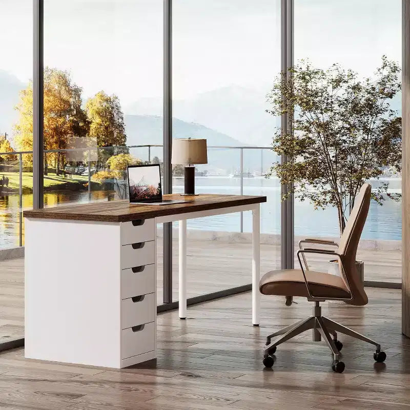Scrivania per computer moderna Lantine da 47 pollici, scrivania per PC con 5 cassetti reversibili, tavolo da studio/scrittura per ufficio domestico/piccoli spazi, marrone e bianco