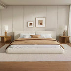 ModernLuxe Low-Profile Upholstered Platform Bed, Floor-Hugging Queen/King Bed Frame with Oversized Headboard, Cream
