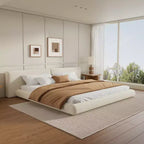 ModernLuxe Letto a piattaforma imbottito a basso profilo, telaio letto queen/king a filo pavimento con testiera oversize, crema
