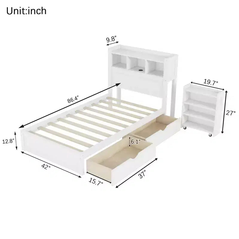 Letto in legno singolo/matrimoniale con testiera contenitore, illuminazione LED integrata e stazione di ricarica, 2 cassetti e mobile estraibile - ModernLuxe