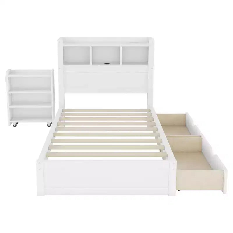 Letto in legno singolo/matrimoniale con testiera contenitore, illuminazione LED integrata e stazione di ricarica, 2 cassetti e mobile estraibile - ModernLuxe