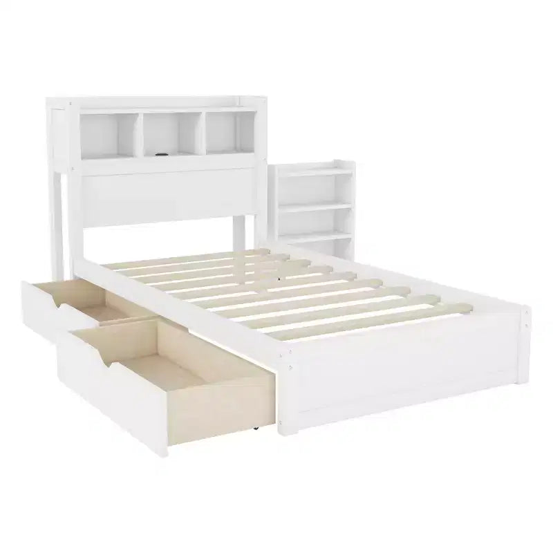 Letto in legno singolo/matrimoniale con testiera contenitore, illuminazione LED integrata e stazione di ricarica, 2 cassetti e mobile estraibile - ModernLuxe