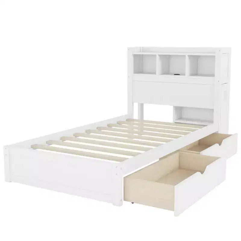 Letto in legno singolo/matrimoniale con testiera contenitore, illuminazione LED integrata e stazione di ricarica, 2 cassetti e mobile estraibile - ModernLuxe