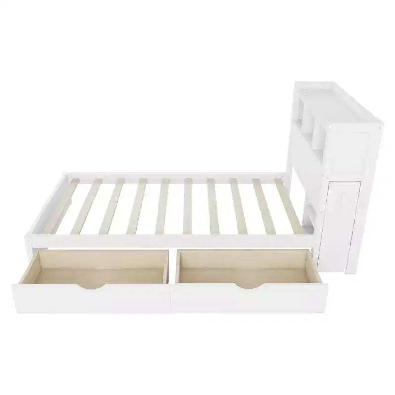 Letto in legno singolo/matrimoniale con testiera contenitore, illuminazione LED integrata e stazione di ricarica, 2 cassetti e mobile estraibile - ModernLuxe