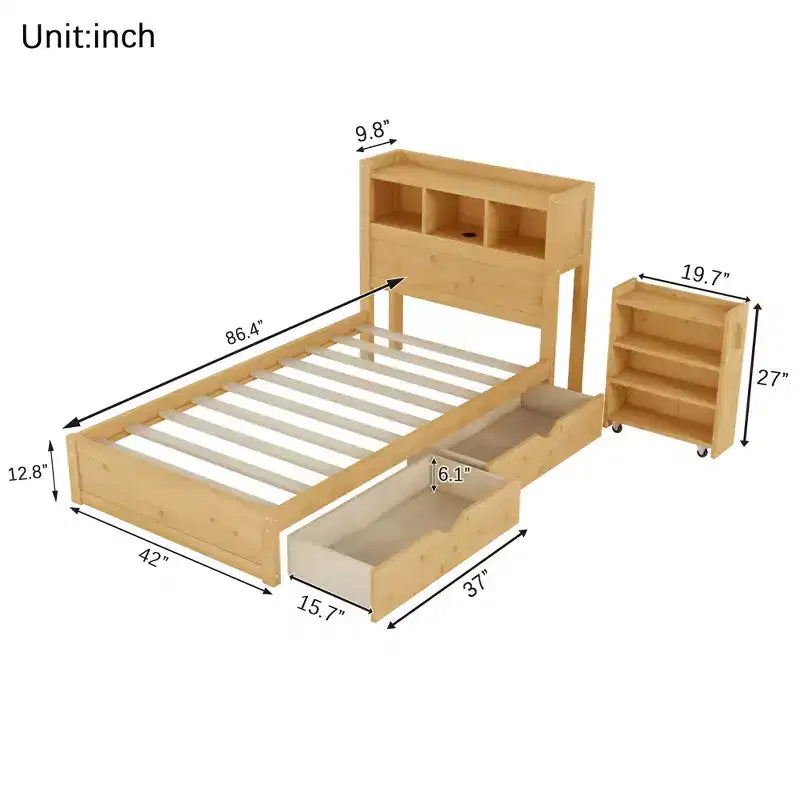 Letto in legno singolo/matrimoniale con testiera contenitore, illuminazione LED integrata e stazione di ricarica, 2 cassetti e mobile estraibile - ModernLuxe