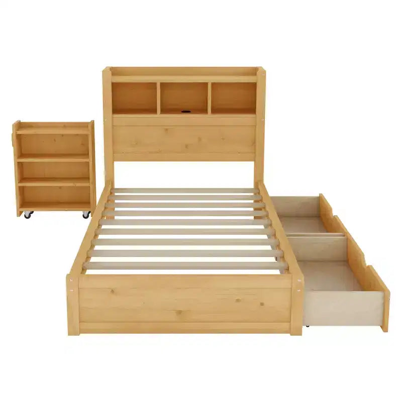 Letto in legno singolo/matrimoniale con testiera contenitore, illuminazione LED integrata e stazione di ricarica, 2 cassetti e mobile estraibile - ModernLuxe