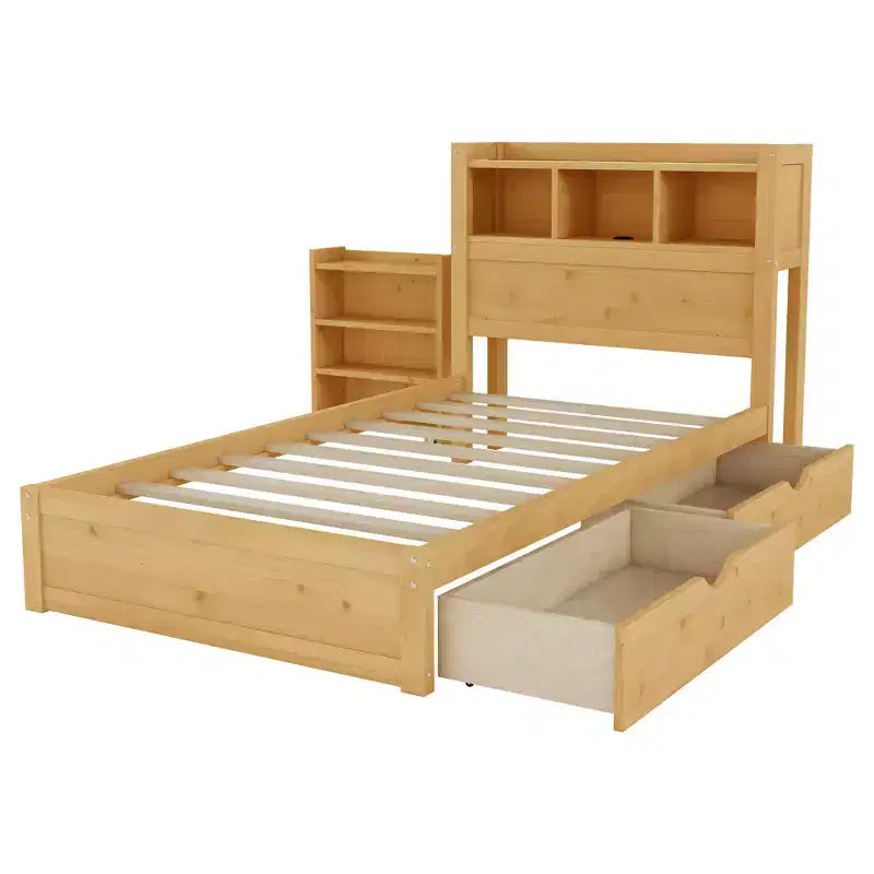 Letto in legno singolo/matrimoniale con testiera contenitore, illuminazione LED integrata e stazione di ricarica, 2 cassetti e mobile estraibile - ModernLuxe