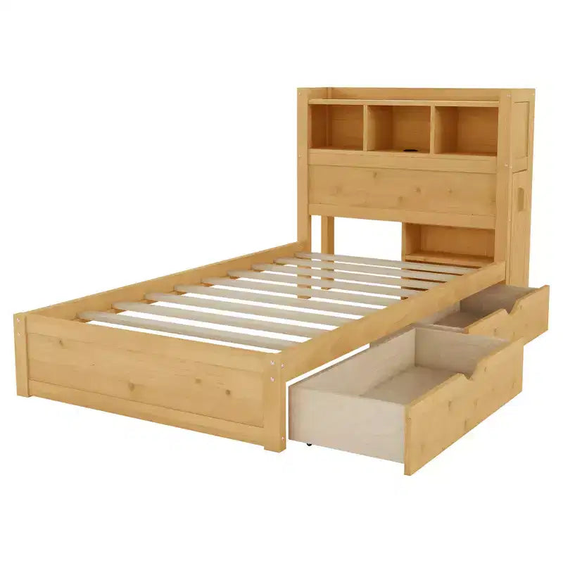 Letto in legno singolo/matrimoniale con testiera contenitore, illuminazione LED integrata e stazione di ricarica, 2 cassetti e mobile estraibile - ModernLuxe