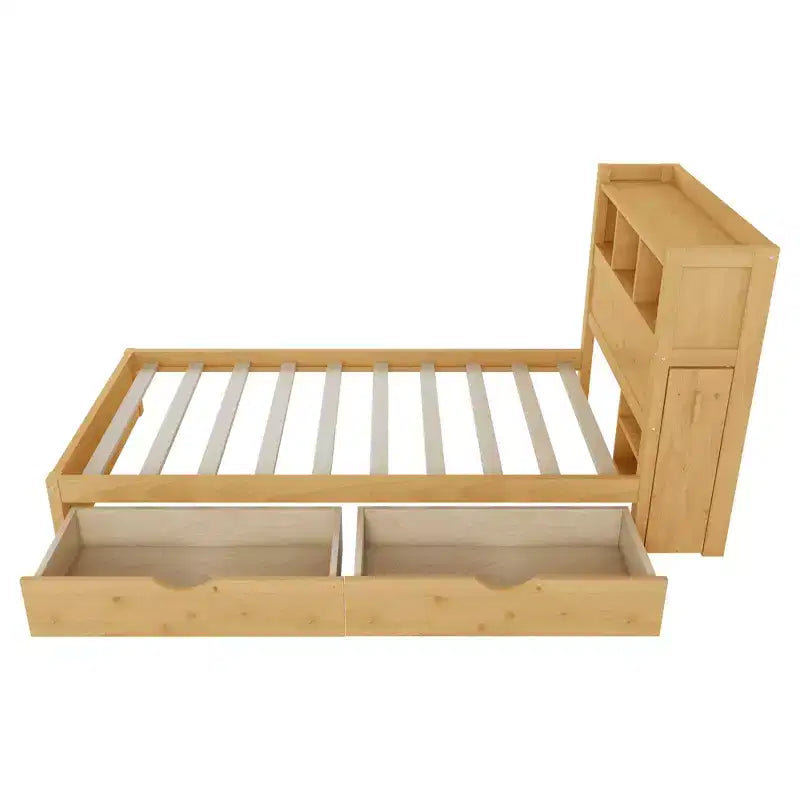 Letto in legno singolo/matrimoniale con testiera contenitore, illuminazione LED integrata e stazione di ricarica, 2 cassetti e mobile estraibile - ModernLuxe