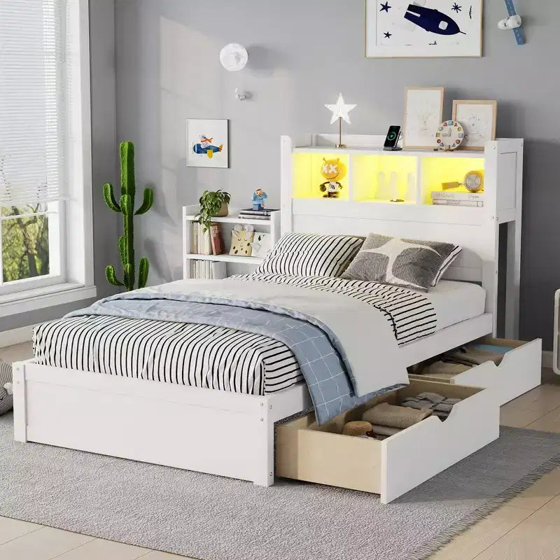 Letto in legno singolo/matrimoniale con testiera contenitore, illuminazione LED integrata e stazione di ricarica, 2 cassetti e mobile estraibile - ModernLuxe