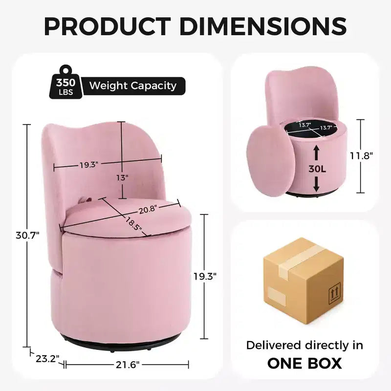 Sedia da toeletta con contenitore, Sedia da trucco girevole a 360° con schienale, Sgabello girevole moderno a botte, Ottomana imbottita, Sgabello da toeletta con schienale