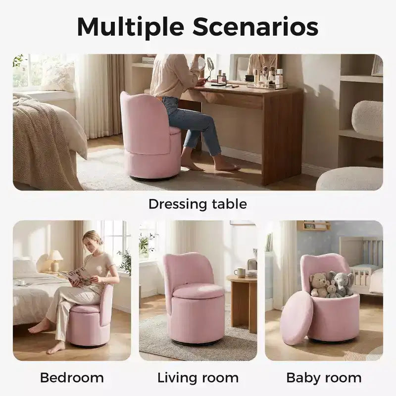 Sedia da toeletta con contenitore, Sedia da trucco girevole a 360° con schienale, Sgabello girevole moderno a botte, Ottomana imbottita, Sgabello da toeletta con schienale