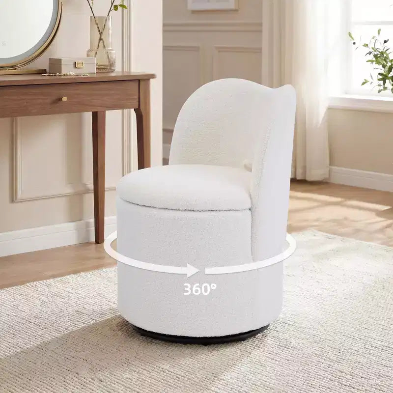 Sedia da toeletta con contenitore, Sedia da trucco girevole a 360° con schienale, Sgabello girevole moderno a botte, Ottomana imbottita, Sgabello da toeletta con schienale