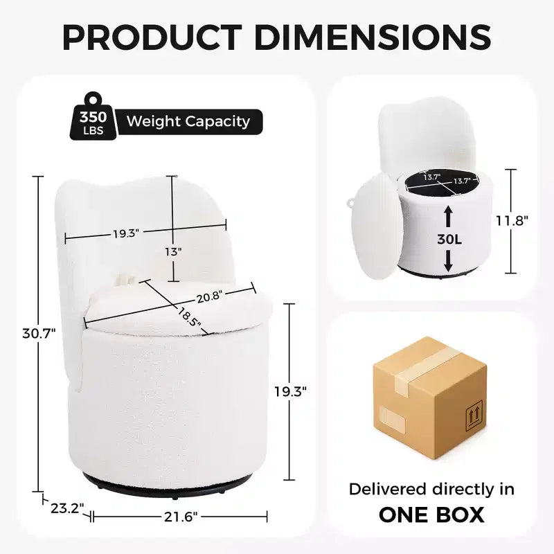 Sedia da toeletta con contenitore, Sedia da trucco girevole a 360° con schienale, Sgabello girevole moderno a botte, Ottomana imbottita, Sgabello da toeletta con schienale