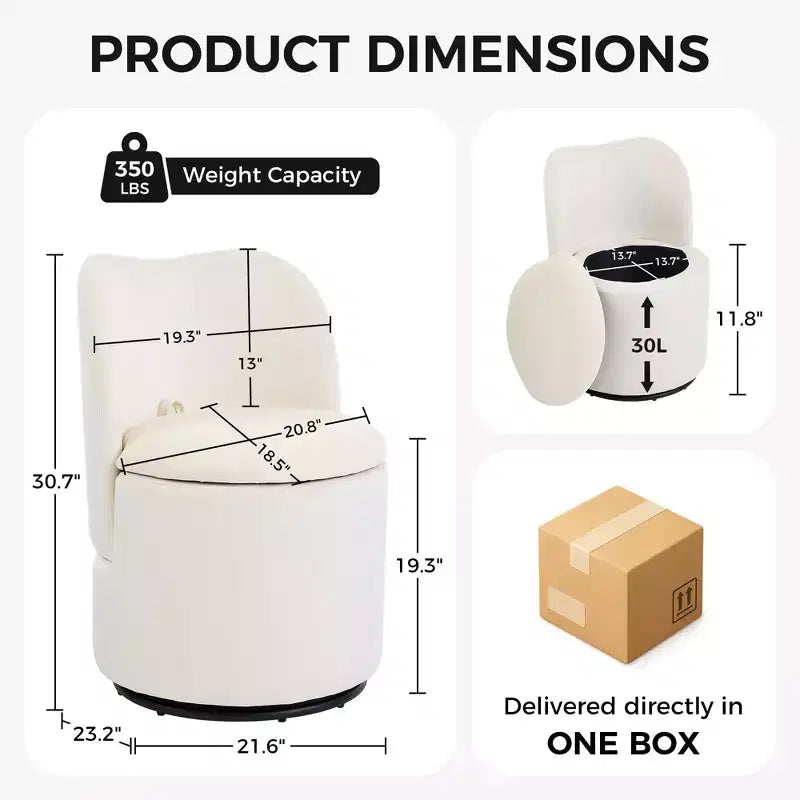 Sedia da toeletta con contenitore, Sedia da trucco girevole a 360° con schienale, Sgabello girevole moderno a botte, Ottomana imbottita, Sgabello da toeletta con schienale