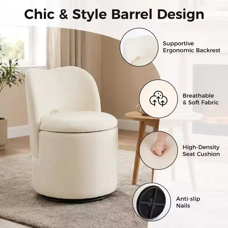 Sedia da toeletta con contenitore, Sedia da trucco girevole a 360° con schienale, Sgabello girevole moderno a botte, Ottomana imbottita, Sgabello da toeletta con schienale