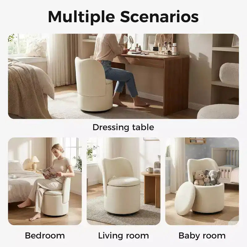Sedia da toeletta con contenitore, Sedia da trucco girevole a 360° con schienale, Sgabello girevole moderno a botte, Ottomana imbottita, Sgabello da toeletta con schienale