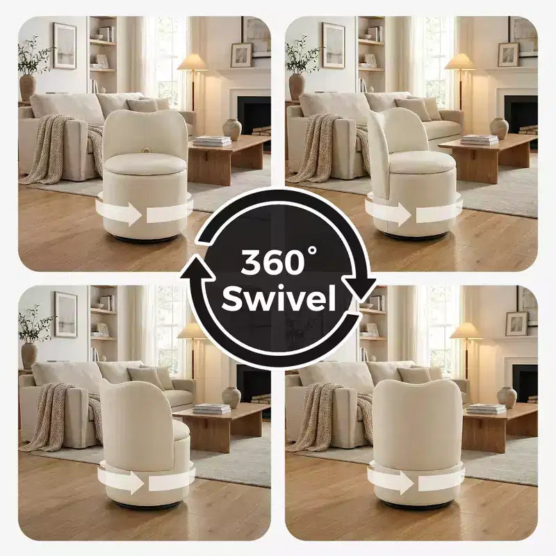 Sedia da toeletta con contenitore, Sedia da trucco girevole a 360° con schienale, Sgabello girevole moderno a botte, Ottomana imbottita, Sgabello da toeletta con schienale