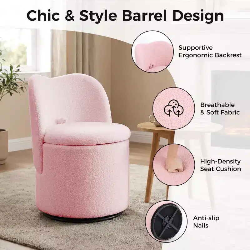 Sedia da toeletta con contenitore, Sedia da trucco girevole a 360° con schienale, Sgabello girevole moderno a botte, Ottomana imbottita, Sgabello da toeletta con schienale