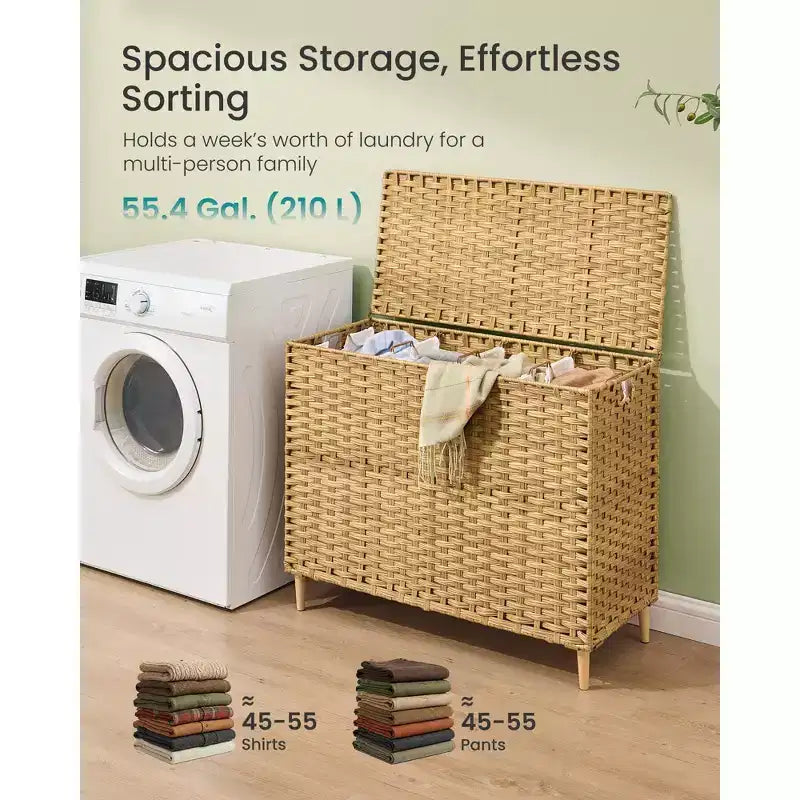 SONGMICS Cesto Portabiancheria con Coperchio, Cesto Portabiancheria in PE Rattan con Fodera Rimovibile, Cesto Portaoggetti, 4 Scomparti, 210 L, Giallo Oca