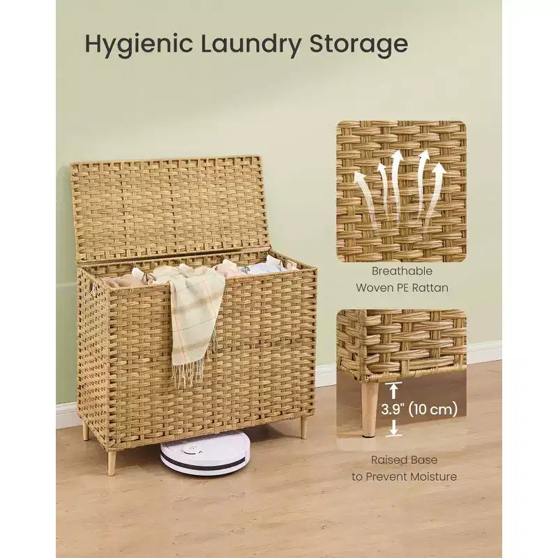 SONGMICS Cesto Portabiancheria con Coperchio, Cesto Portabiancheria in PE Rattan con Fodera Rimovibile, Cesto Portaoggetti, 4 Scomparti, 210 L, Giallo Oca