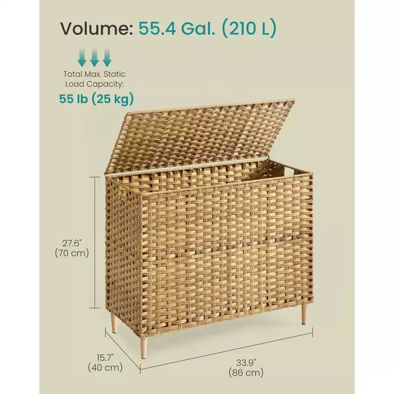 SONGMICS Cesto Portabiancheria con Coperchio, Cesto Portabiancheria in PE Rattan con Fodera Rimovibile, Cesto Portaoggetti, 4 Scomparti, 210 L, Giallo Oca