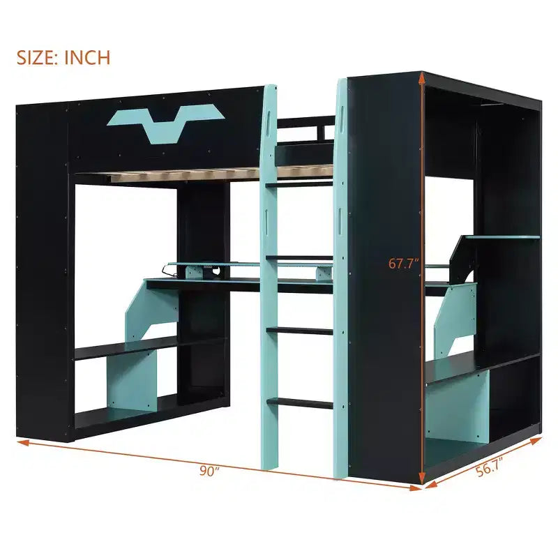 Letto a soppalco Whisen Full Wood con presa di corrente e porte USB/Type-C, gestione cavi integrata