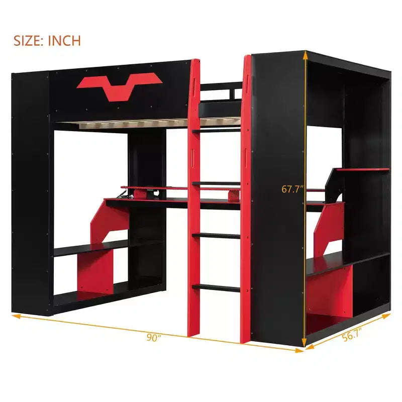 Letto a soppalco Whisen Full Wood con presa di corrente e porte USB/Type-C, gestione cavi integrata