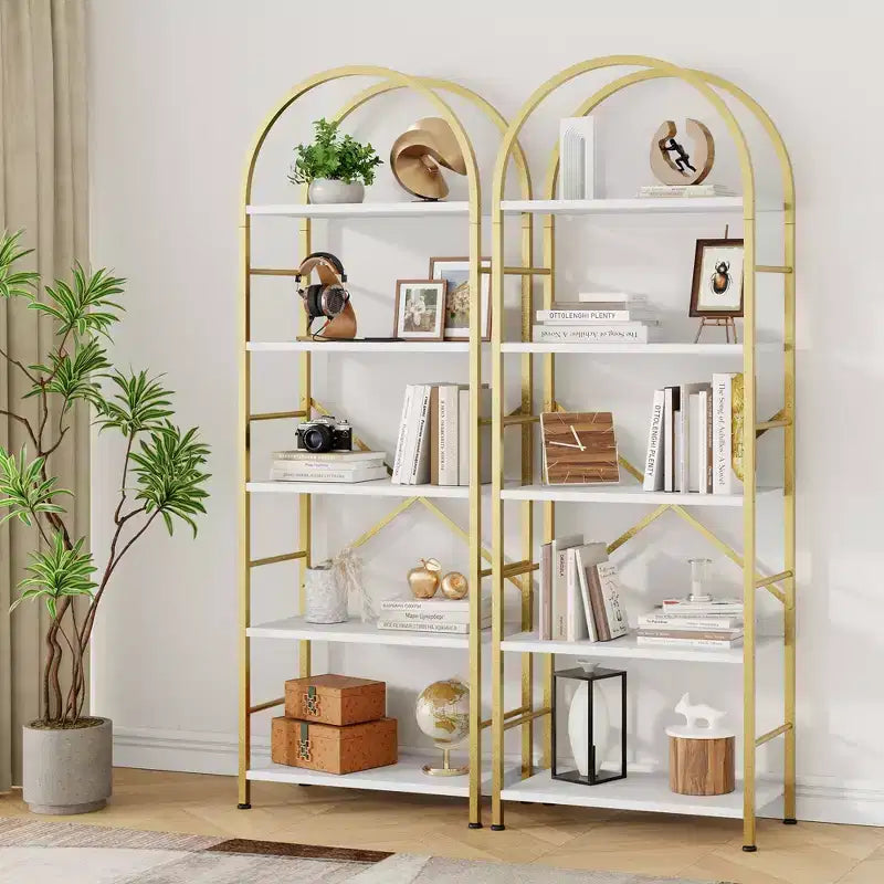 Celebalcony Scaffale a 5 ripiani ad arco per CD/libri, libreria da ufficio per l'organizzazione, scaffale moderno per soggiorno, oro