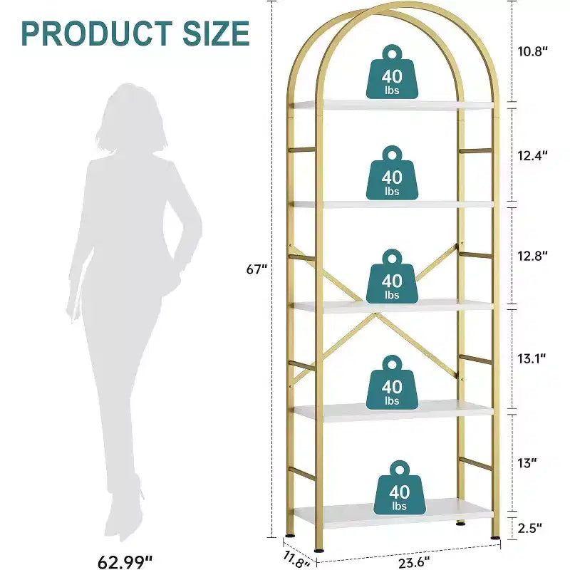 Celebalcony Scaffale a 5 ripiani ad arco per CD/libri, libreria da ufficio per l'organizzazione, scaffale moderno per soggiorno, oro