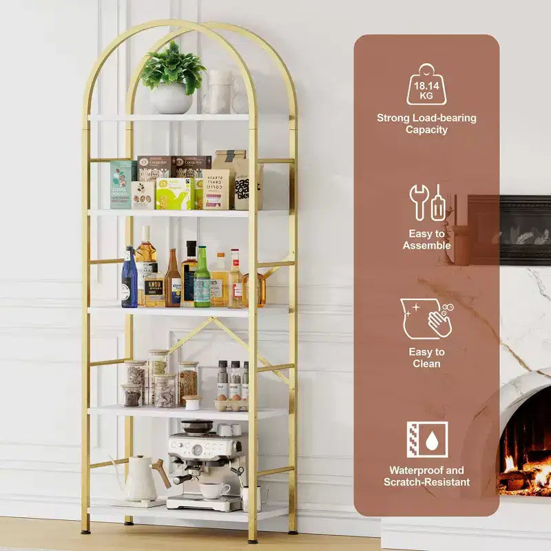 Celebalcony Scaffale a 5 ripiani ad arco per CD/libri, libreria da ufficio per l'organizzazione, scaffale moderno per soggiorno, oro