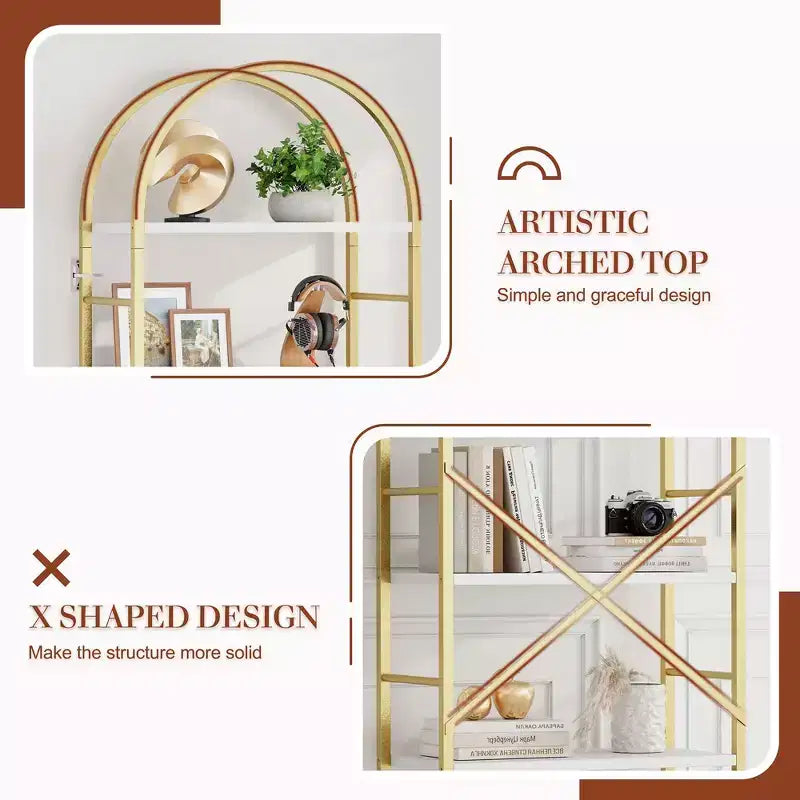 Celebalcony Scaffale a 5 ripiani ad arco per CD/libri, libreria da ufficio per l'organizzazione, scaffale moderno per soggiorno, oro
