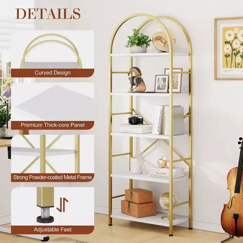 Celebalcony Scaffale a 5 ripiani ad arco per CD/libri, libreria da ufficio per l'organizzazione, scaffale moderno per soggiorno, oro
