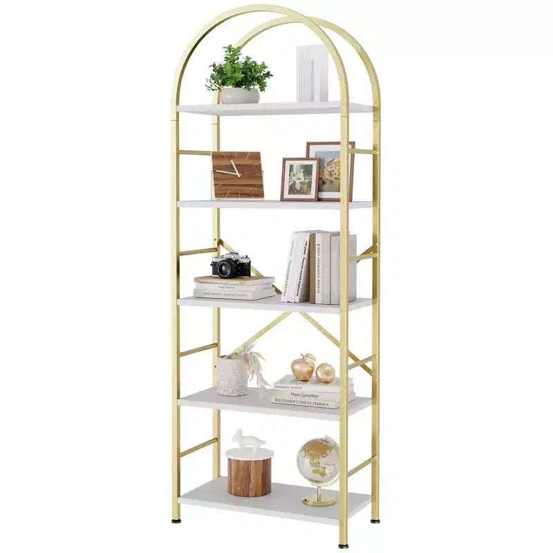 Celebalcony Scaffale a 5 ripiani ad arco per CD/libri, libreria da ufficio per l'organizzazione, scaffale moderno per soggiorno, oro