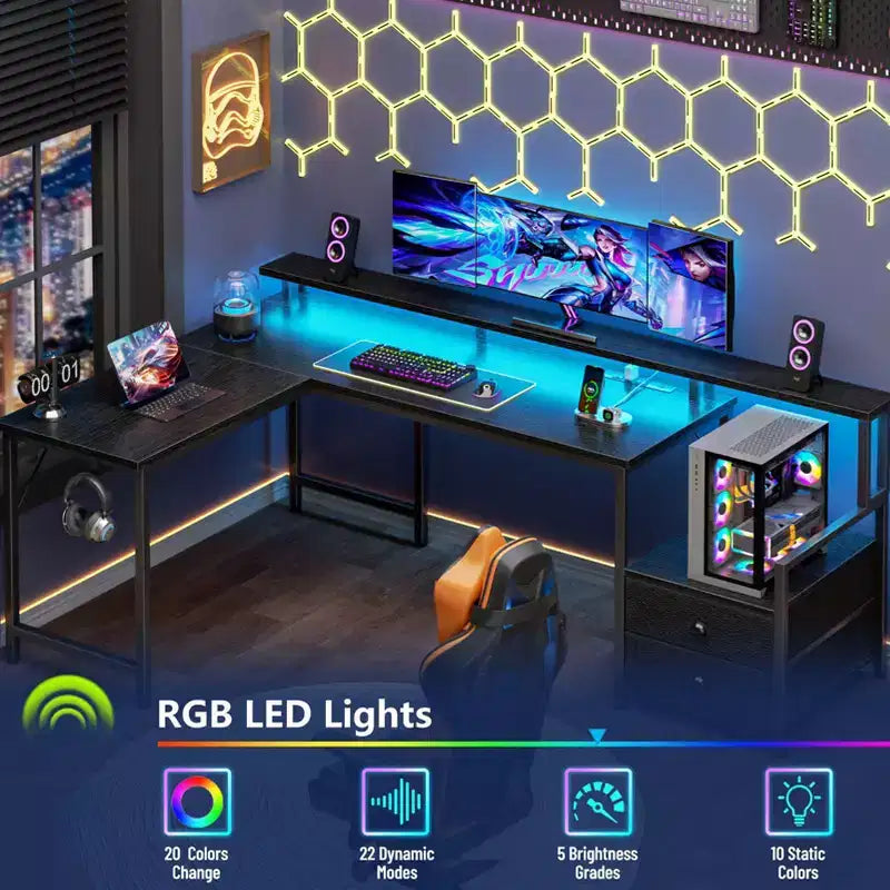 Scrivania da computer a L Qwatto da 66 pollici nera con stazione di ricarica, scrivania da gioco reversibile, luci a LED, 2 cassetti, supporto per monitor, contenitore per ufficio domestico