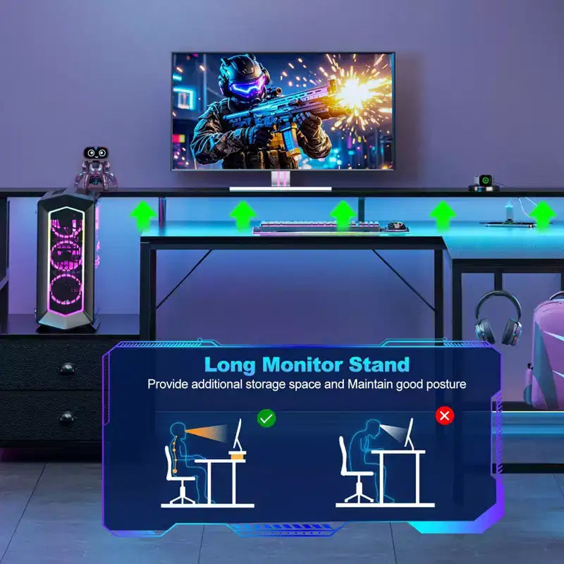 Scrivania da computer a L Qwatto da 66 pollici nera con stazione di ricarica, scrivania da gioco reversibile, luci a LED, 2 cassetti, supporto per monitor, contenitore per ufficio domestico