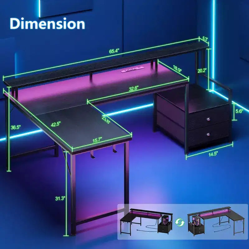 Scrivania da computer a L Qwatto da 66 pollici nera con stazione di ricarica, scrivania da gioco reversibile, luci a LED, 2 cassetti, supporto per monitor, contenitore per ufficio domestico