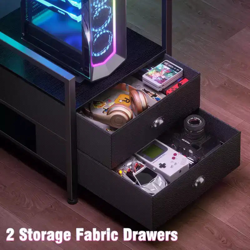 Scrivania da computer a L Qwatto da 66 pollici nera con stazione di ricarica, scrivania da gioco reversibile, luci a LED, 2 cassetti, supporto per monitor, contenitore per ufficio domestico